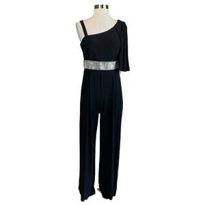 R&M Richards Women's Jumpsuit Size 10 Black Beaded One-Shoulder Wide Leg Pant